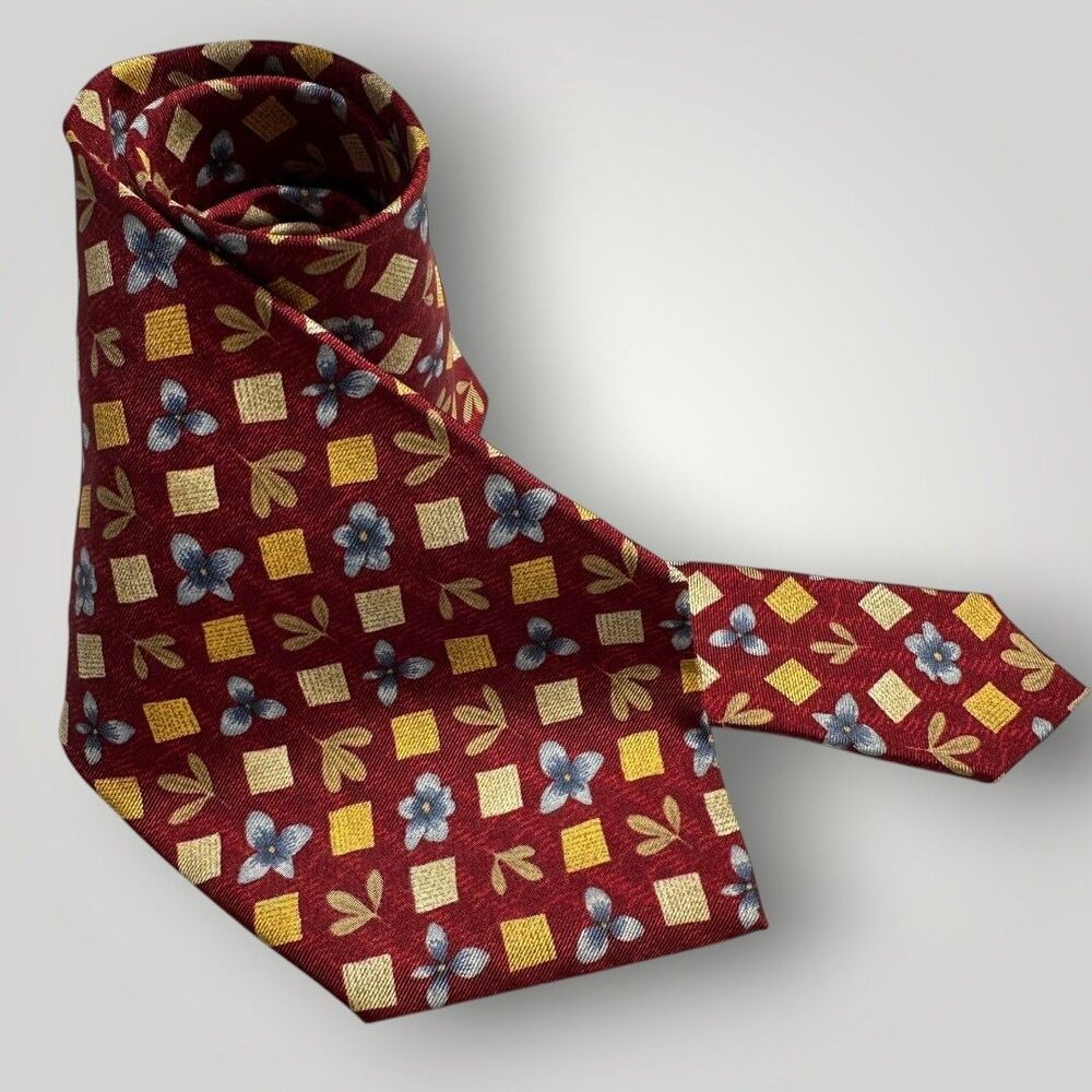 IKE BEHAR Silk Tie Floral geometric 100% Silk Necktie Red/Yellow/Blue